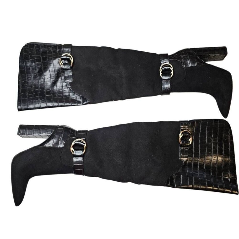 Roxanne by JUSTFAB (SHOEDAZZLE) Black faux suede/croc Dominatrix boots, SZ 5.5